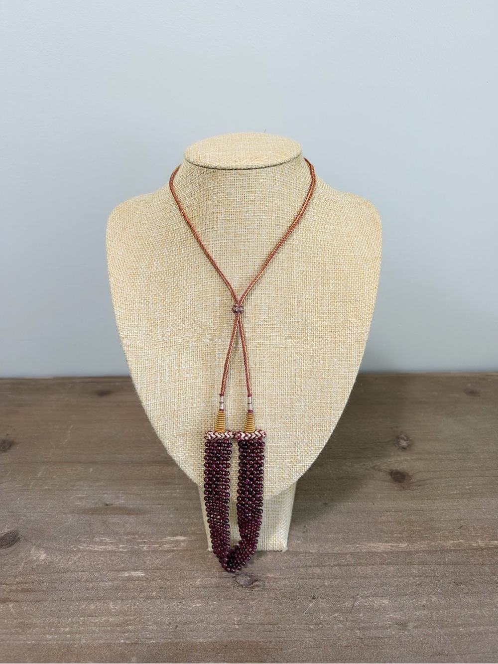 Burgundy Beaded Lariat Necklace Red Gold Tassel Boho Statement